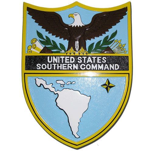 United States Southern Command emblem with eagle, Latin America map, and star.