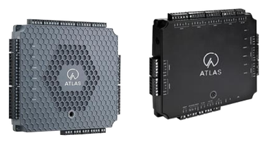 Two Atlas automation controllers, gray and black, with multiple input/output connectors.
