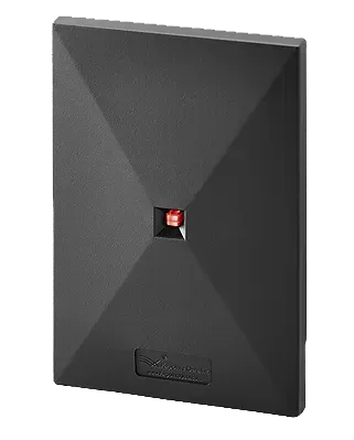 Black, geometric access control reader with a red indicator light.