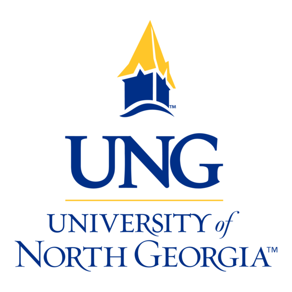 UNG University of North Georgia logo. Blue text and emblem, gold roof on blue building.