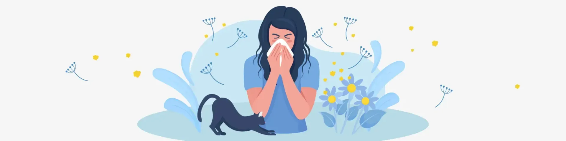 A woman is blowing her nose in a napkin while sitting next to a cat.