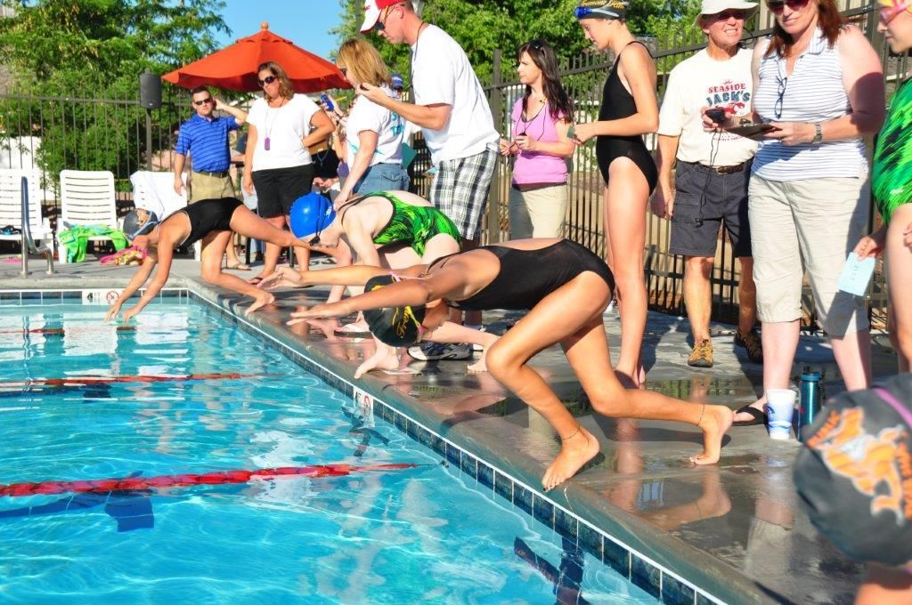A group of people are diving into a swimming pool