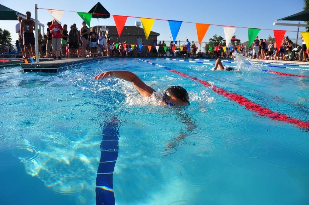 A person is swimming in a pool with a crowd watching