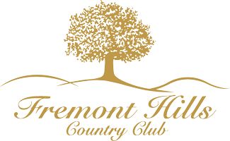 The logo for the fremont hills country club shows a tree on a hill.