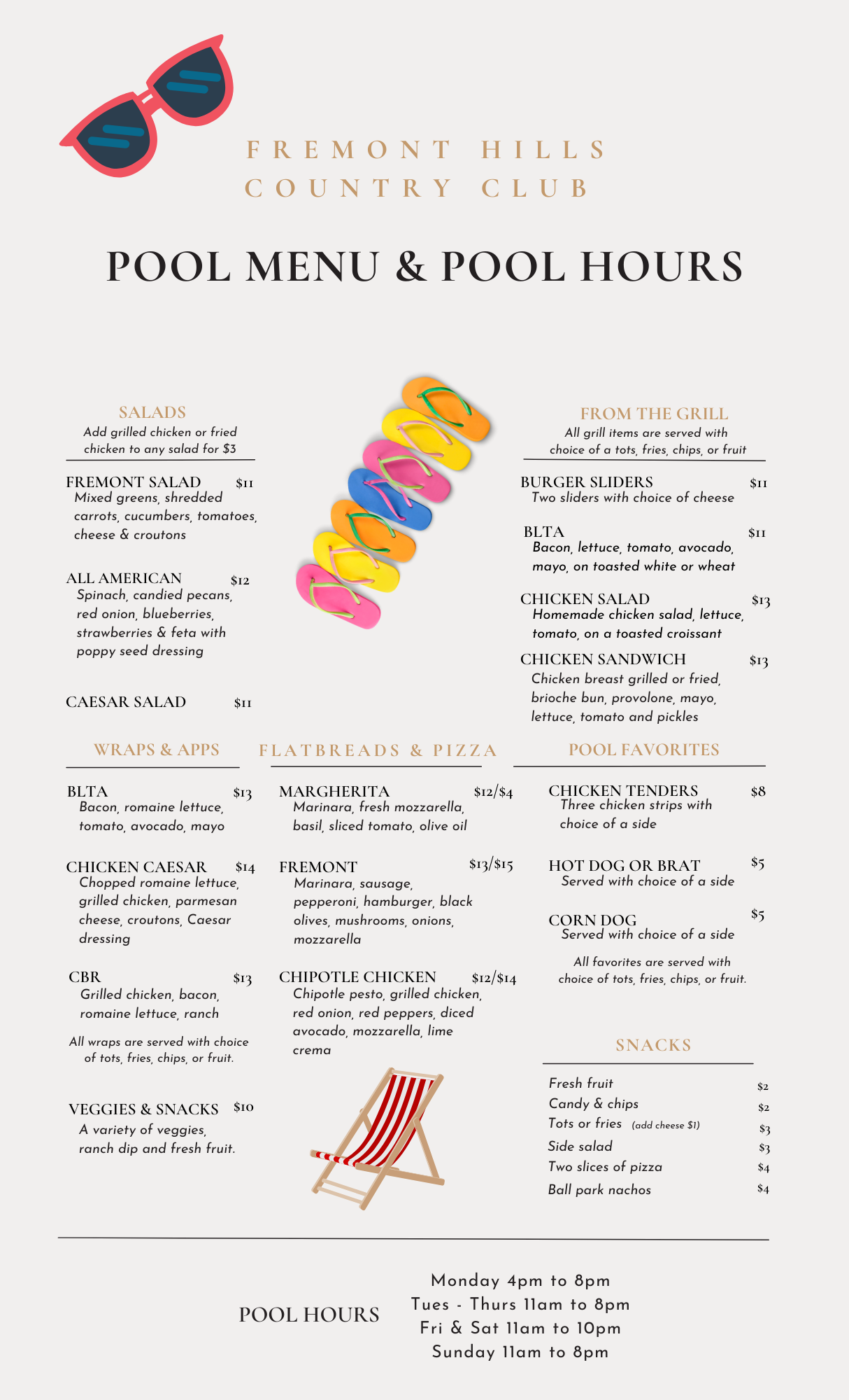 A menu for a pool with a chair and sunglasses on it.