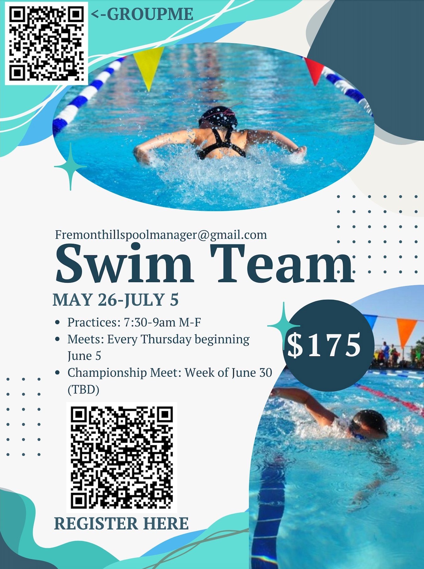 A poster for a swim team parent and kids meeting