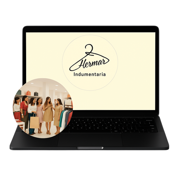 Ordenador portátil mostrando una página web con compañeros colaborando, diseño en morado y blanco, oficina moderna.