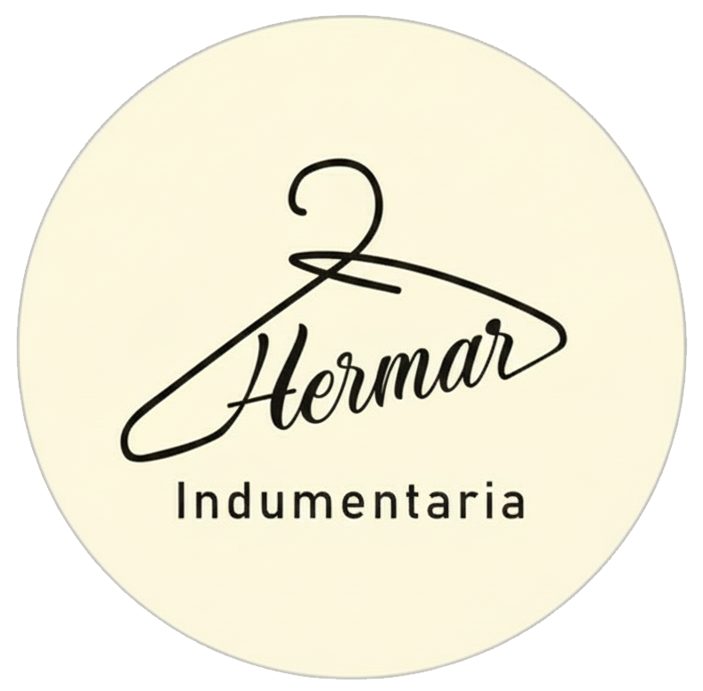 Logotipo para Hermar Indumentaria, tienda de ropa. Incluye una percha y el nombre de la tienda en cursiva.