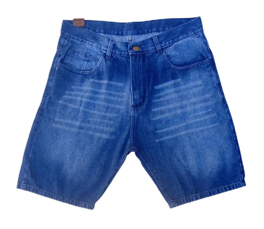 Shorts vaqueros de color azul sobre fondo blanco, con ligeros detalles desteñidos.