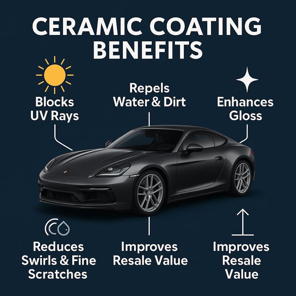 Infographic of a black sports car showing ceramic coating benefits: UV protection, gloss, dirt and swirl reduction.