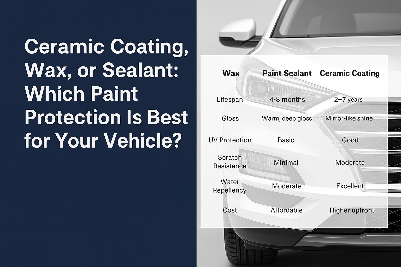 Infographic comparing ceramic coating, wax, and paint sealant for vehicle paint protection.