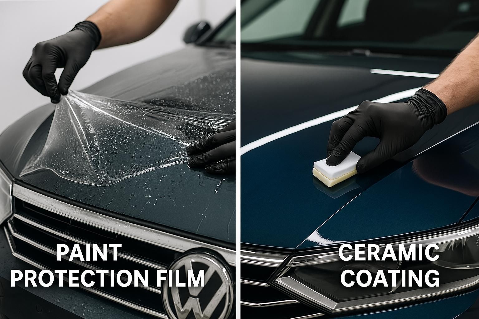 Split view of car hood detailing: paint protection film on left, ceramic coating on right