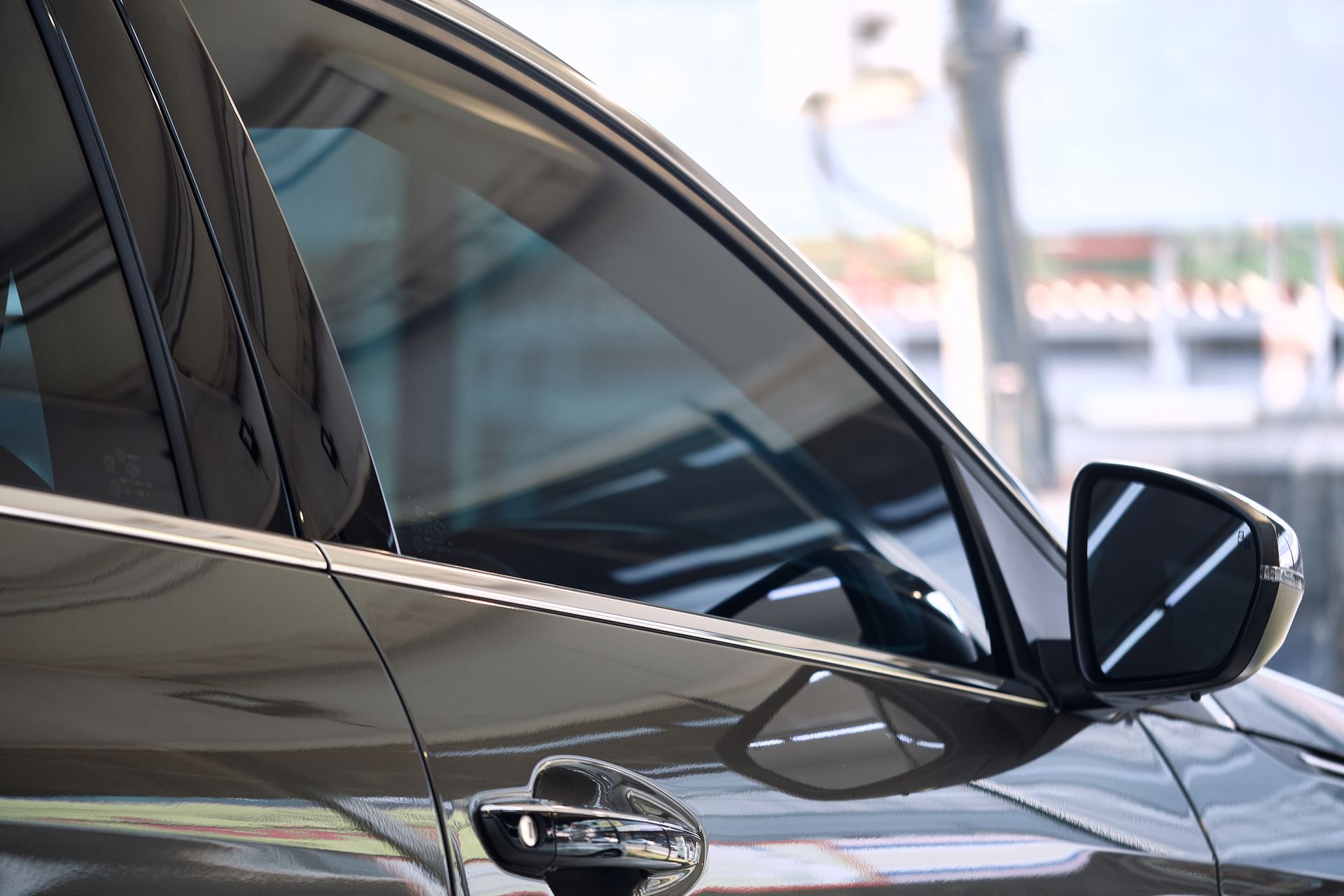 Close-up of a dark gray car door, window, and side mirror in an outdoor setting