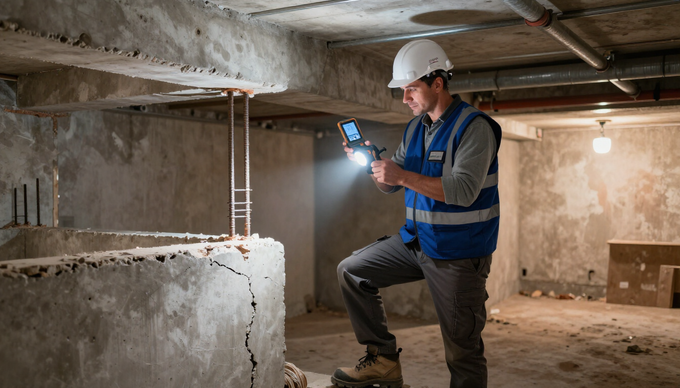 Licensed contractor inspecting home for structural repairs and mold restoration.