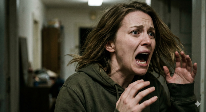 A person with a distressed, shouting expression and hands raised near their face, set against a blurred indoor hallway.