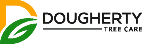 Dougherty Tree care logo with a green leaf, yellow 