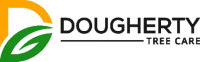 Dougherty Tree care logo with a green leaf, yellow 