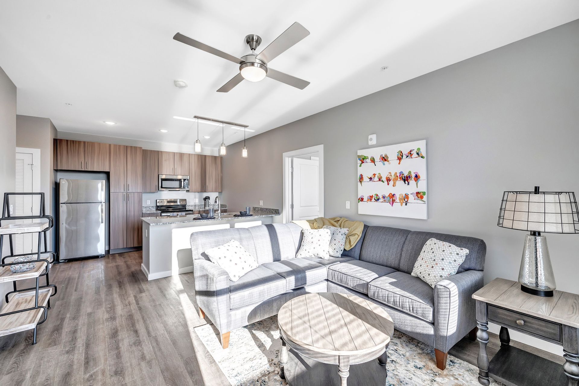 A living room filled with furniture and a ceiling fan.