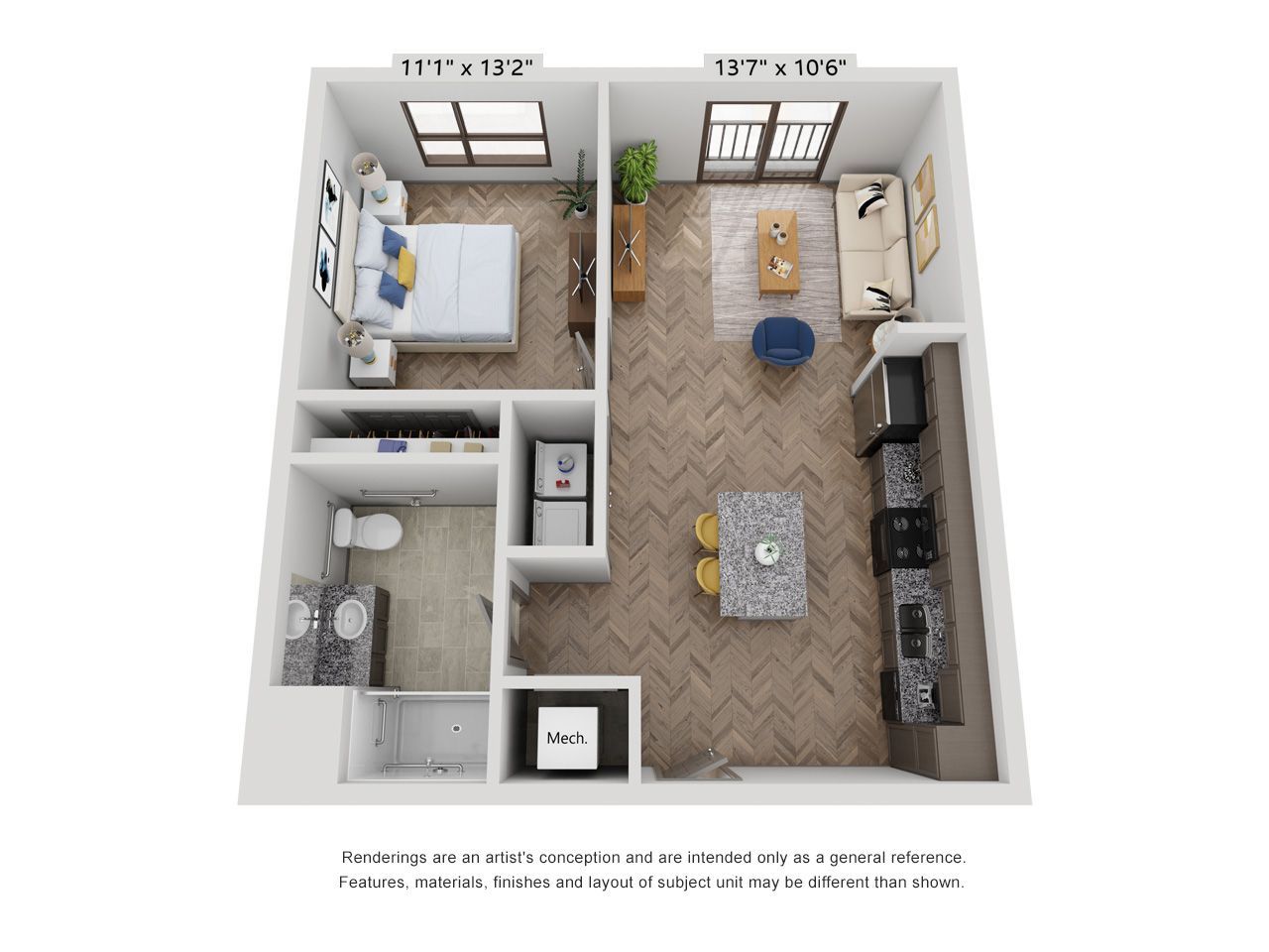 A 3d floor plan of a small apartment with a bedroom , living room , and kitchen.
