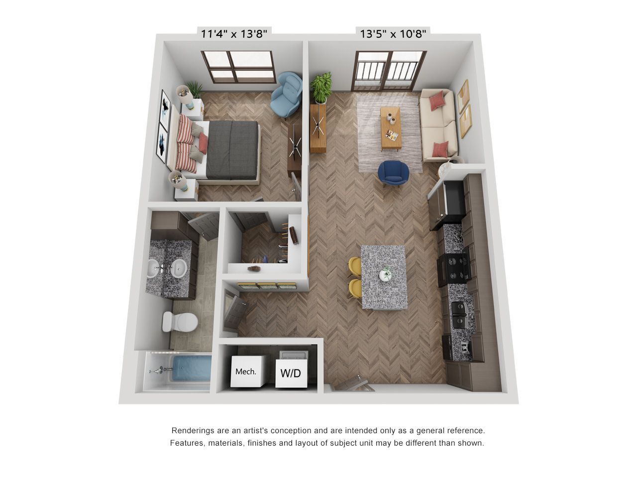 A 3d floor plan of a small apartment with a bedroom , living room , and kitchen.