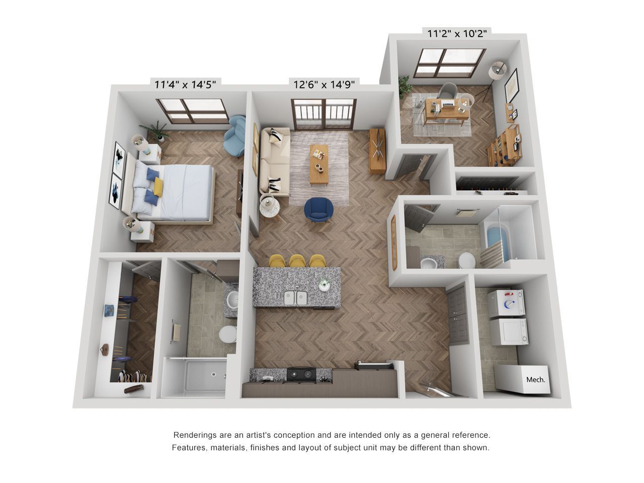 A 3d floor plan of a house with a bedroom , living room , and kitchen.