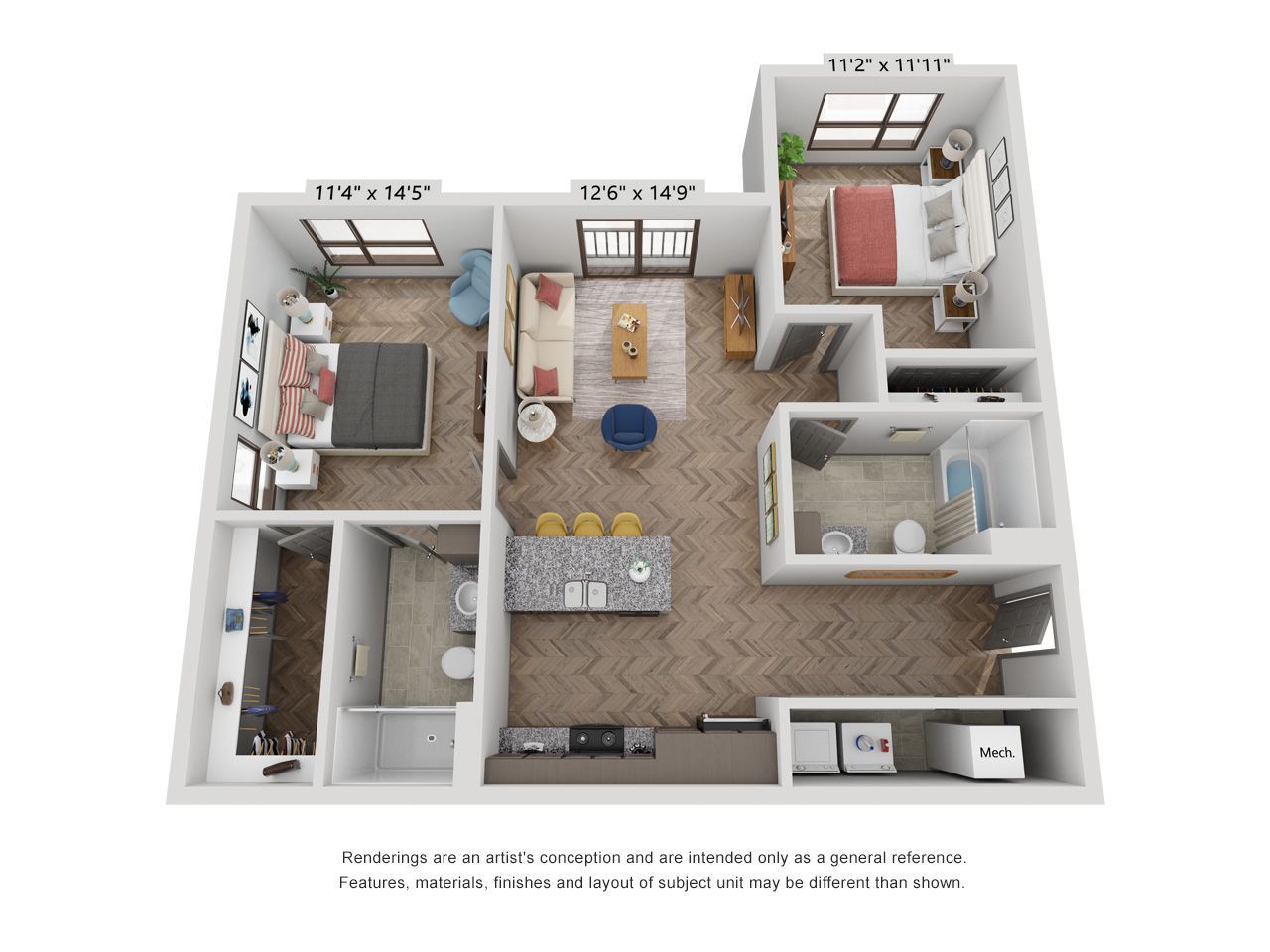 A 3d floor plan of a house with two bedrooms and a bathroom.