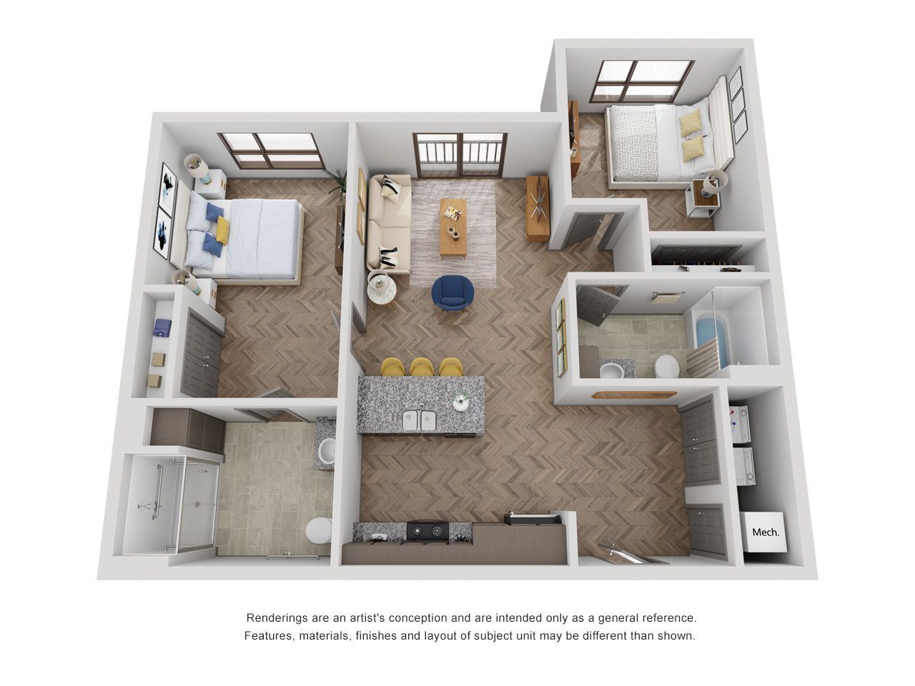 A 3d floor plan of a house with two bedrooms and a bathroom.