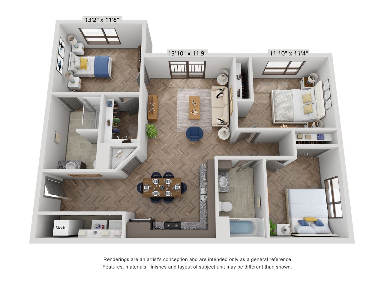 A 3d floor plan of a house with three bedrooms and a dining room.