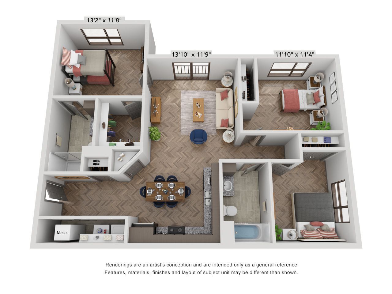 A 3d floor plan of a house with three bedrooms and a dining room.