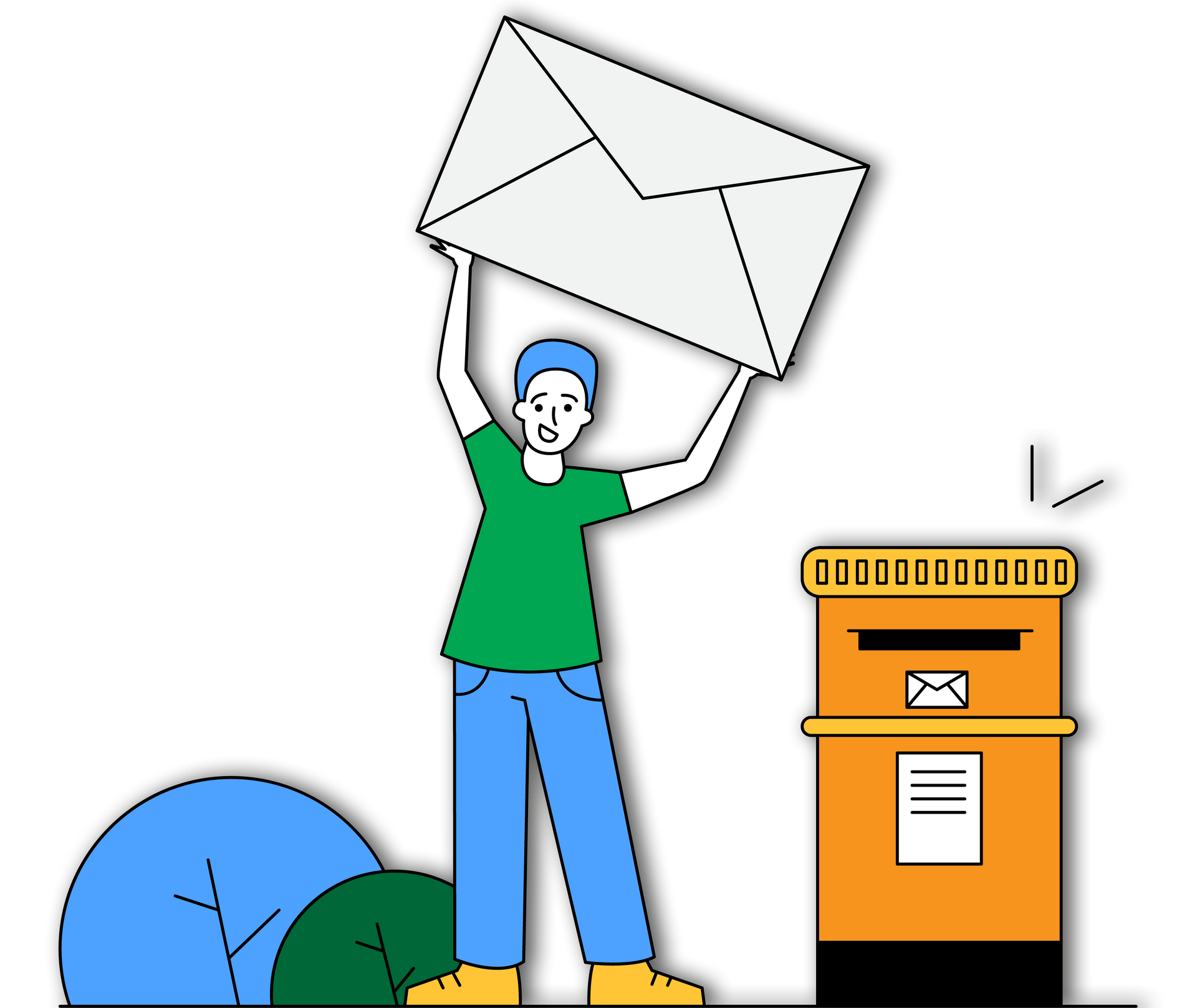 A man is holding an envelope over his head in front of a mailbox.