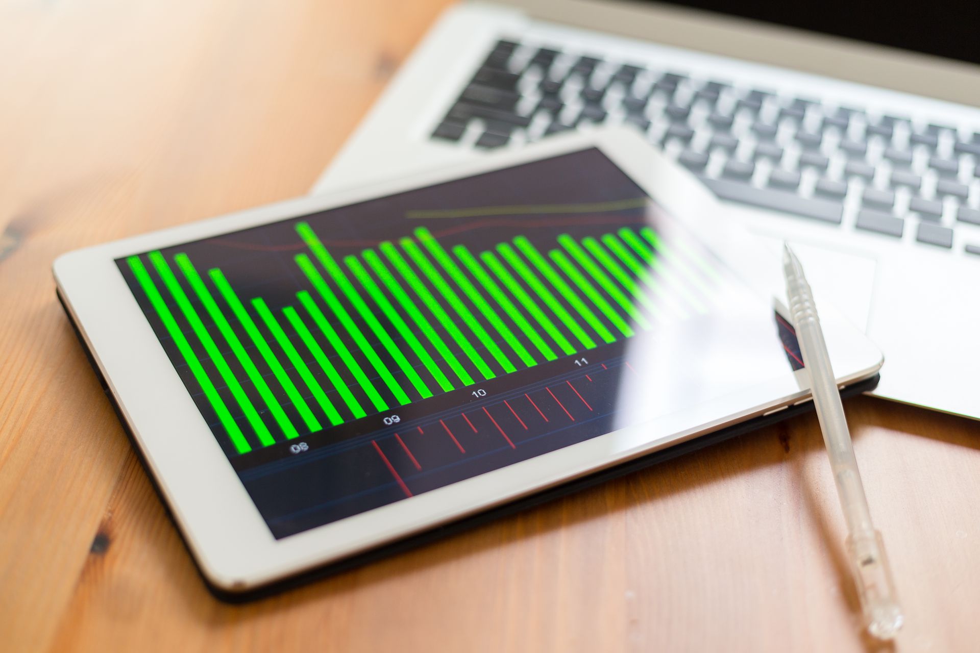 A tablet with a graph on it is sitting on a wooden table next to a laptop.