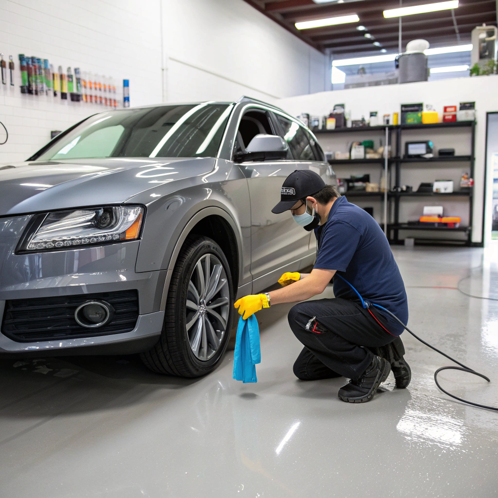 Man cleaning car wheel in a shop, wearing a mask and gloves, with a gray Audi and a blue cloth.