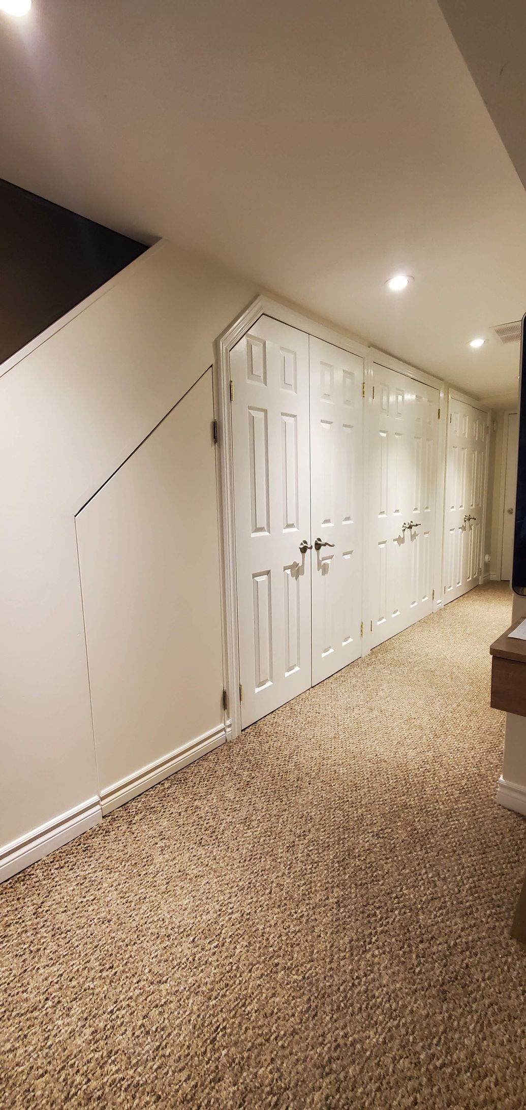 A hallway with a lot of doors and a carpeted floor.