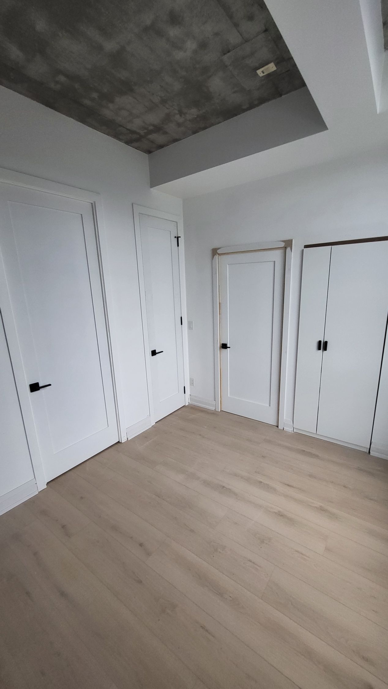 Empty room with three white doors, black handles, and wood-look flooring. Gray concrete ceiling.