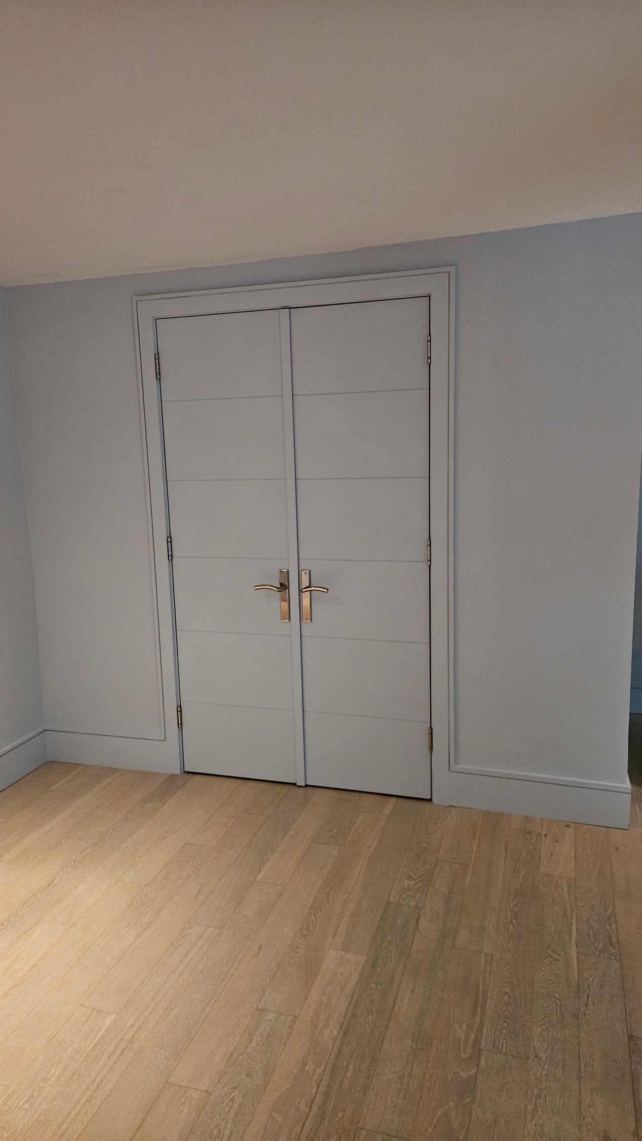 Two white double doors with gold handles on a light blue wall, in a room with wood floors.