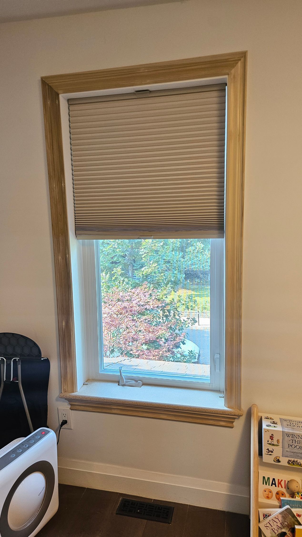Window with beige blinds and light wood trim, overlooking a green and red garden.