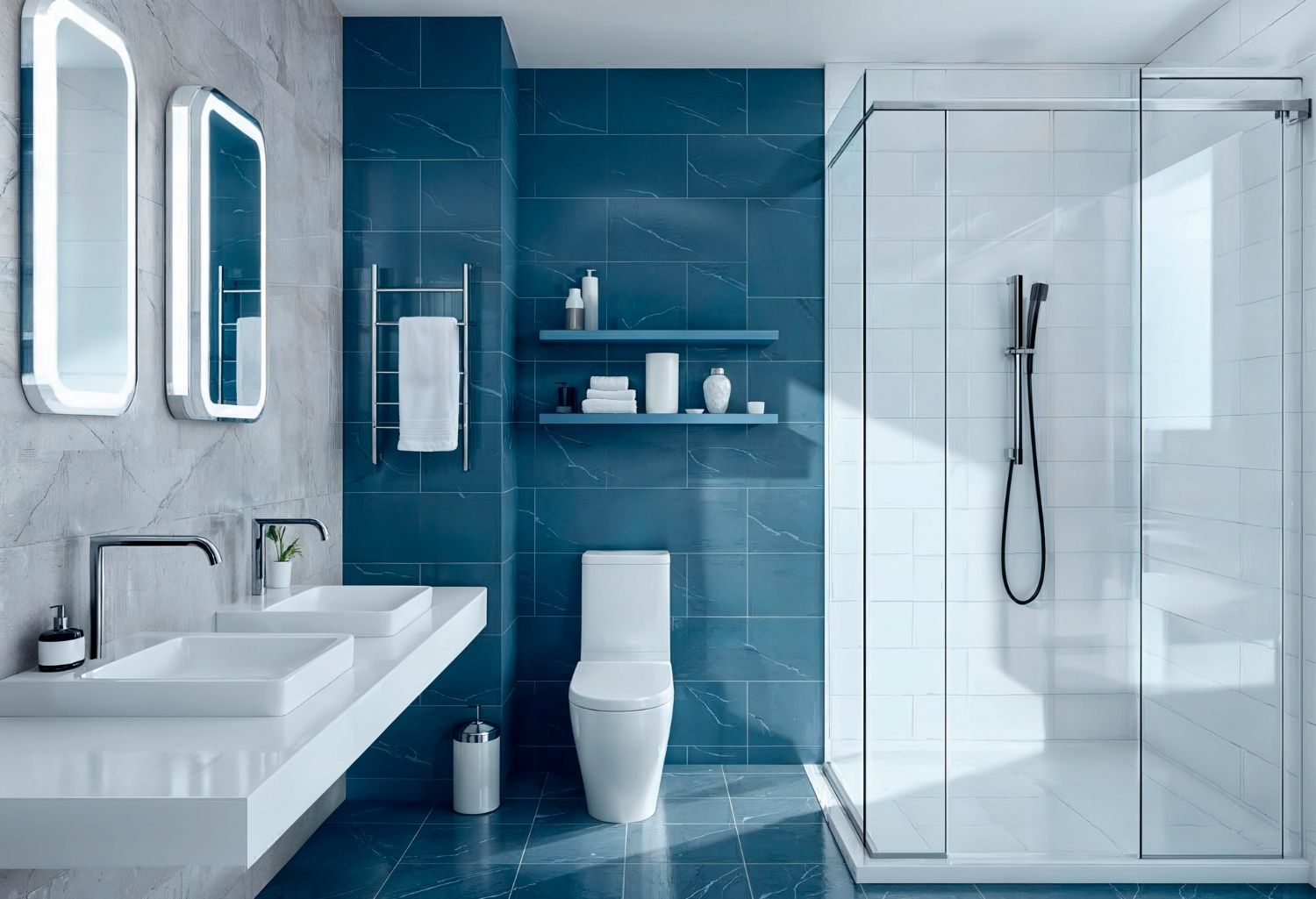 Modern blue bathroom with a floating vanity, two mirrors, a shower, and a toilet.