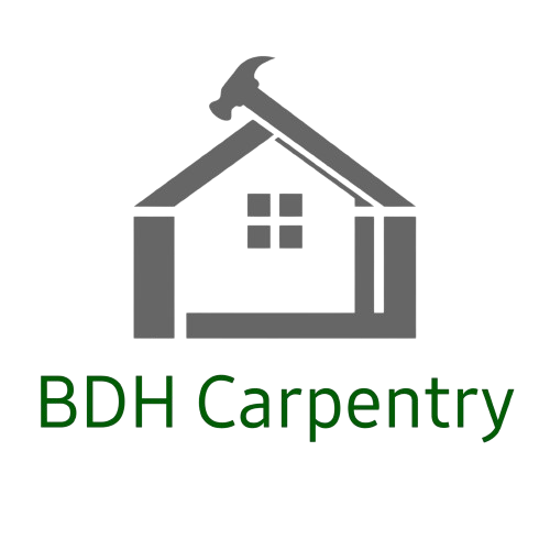 The logo for bdh carpentry shows a house with a hammer on the roof.