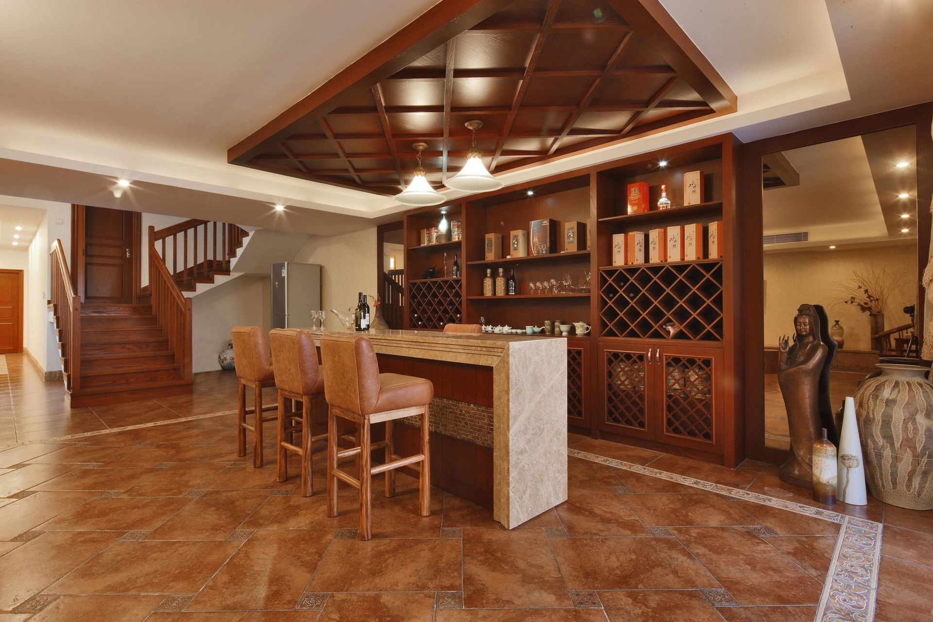 There is a bar in the middle of the room.