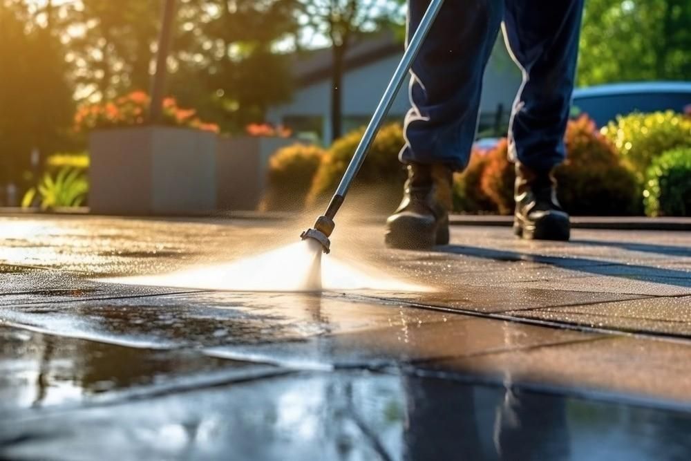 A man is using a high pressure washer to clean a patio.