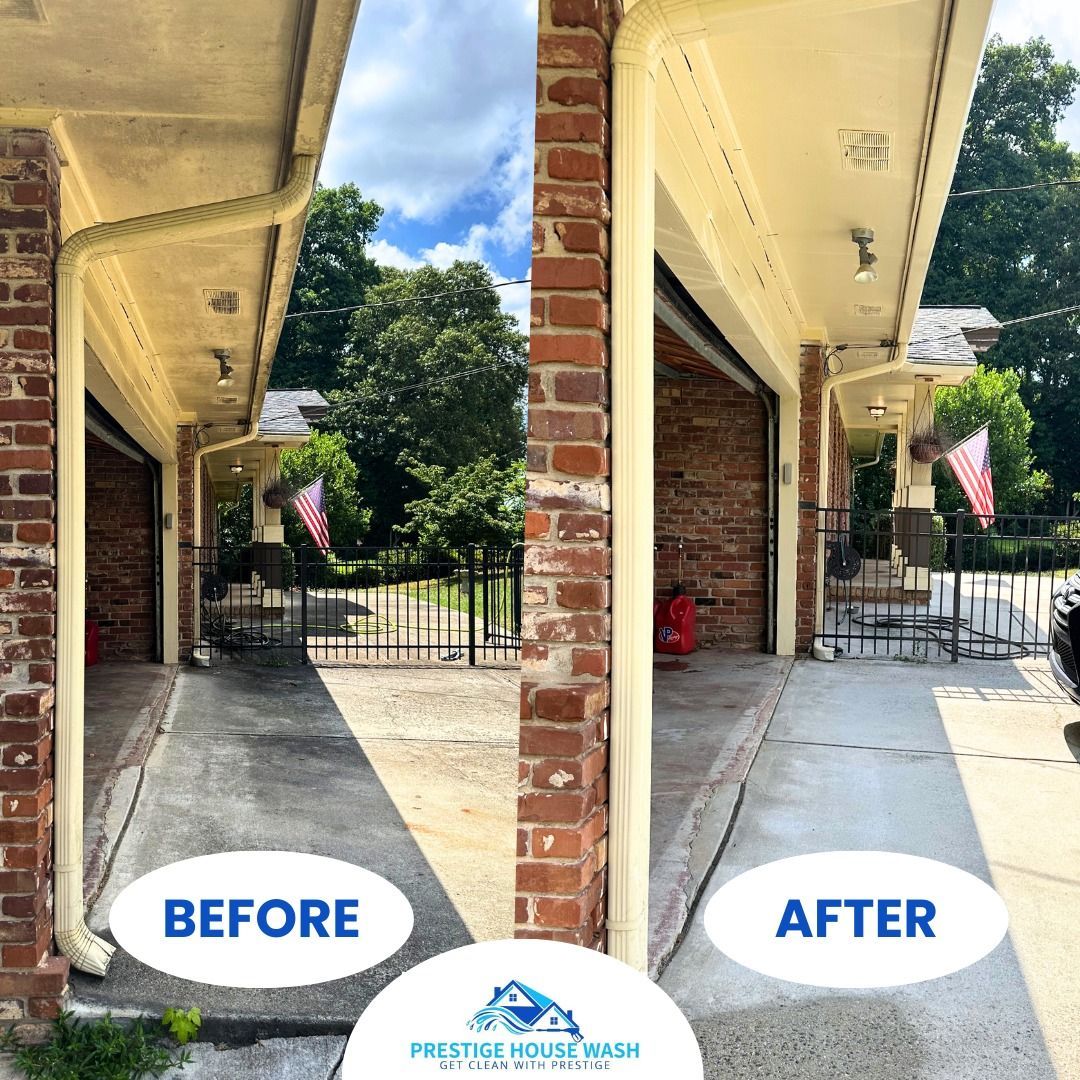 A before and after picture of a brick house.