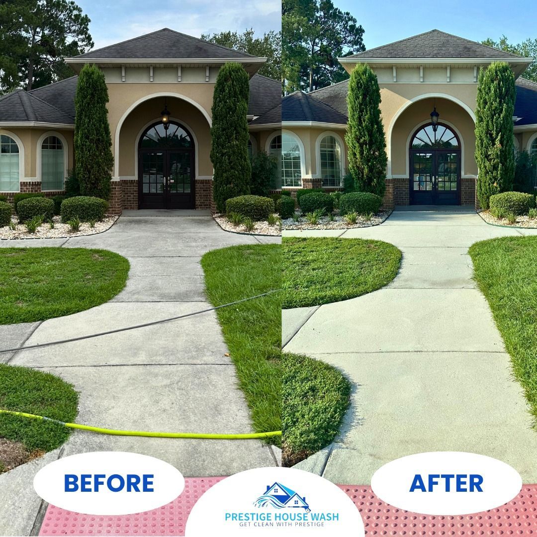 A before and after photo of a concrete walkway