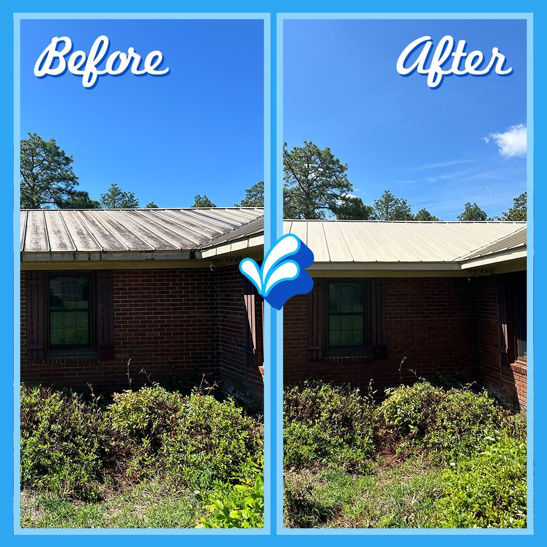 A before and after picture of a roof cleaning on a brick house.