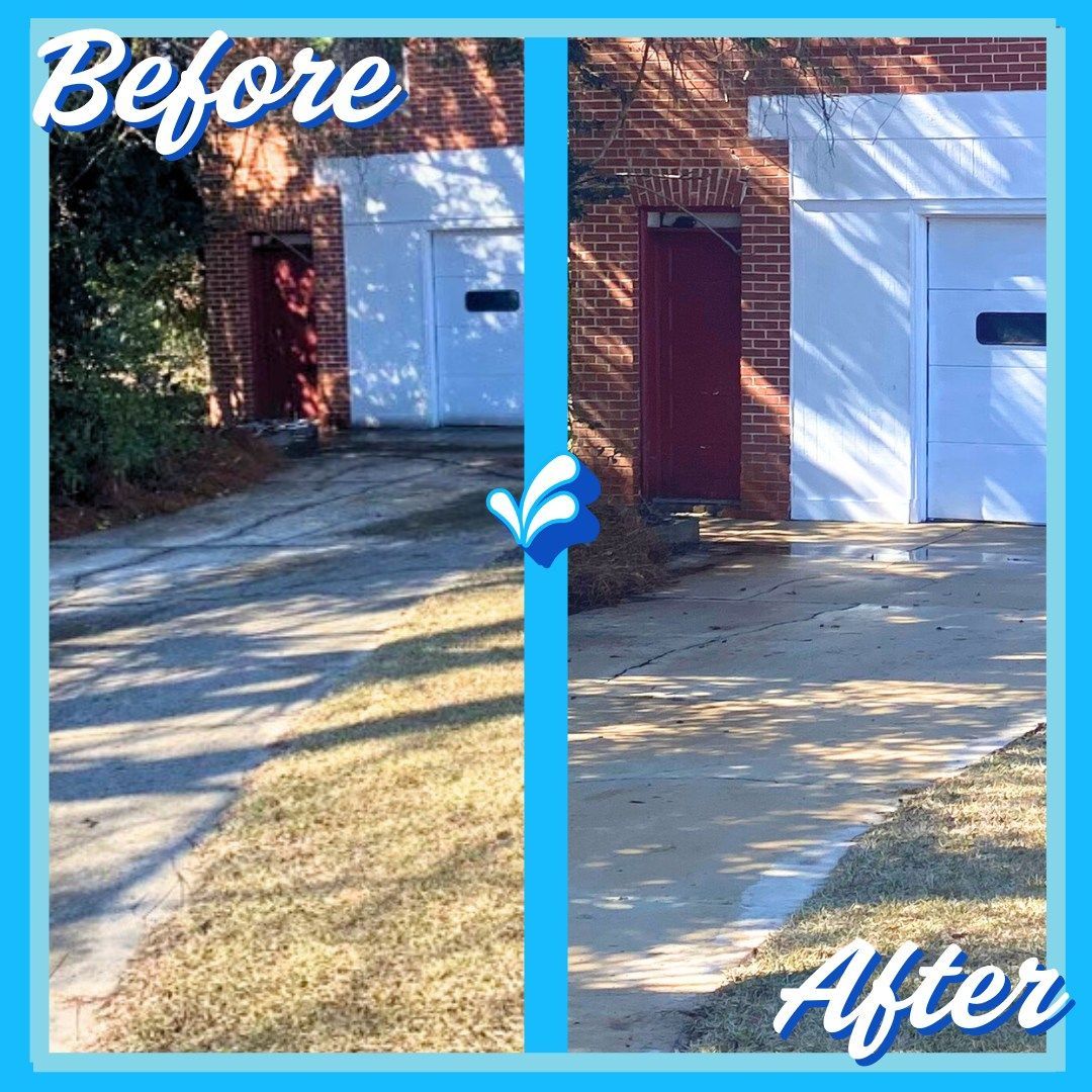 A before and after photo of a driveway and garage door