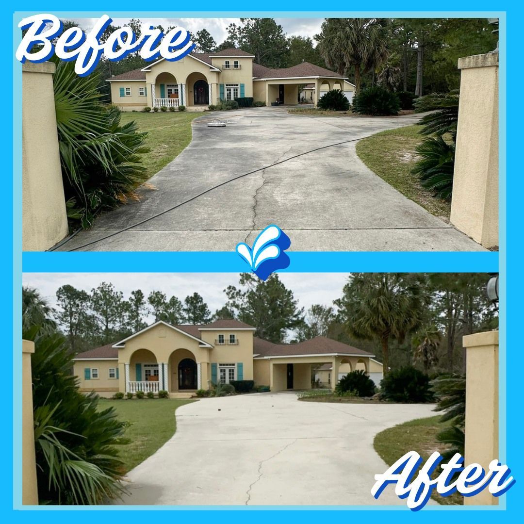 A before and after photo of a house with a driveway