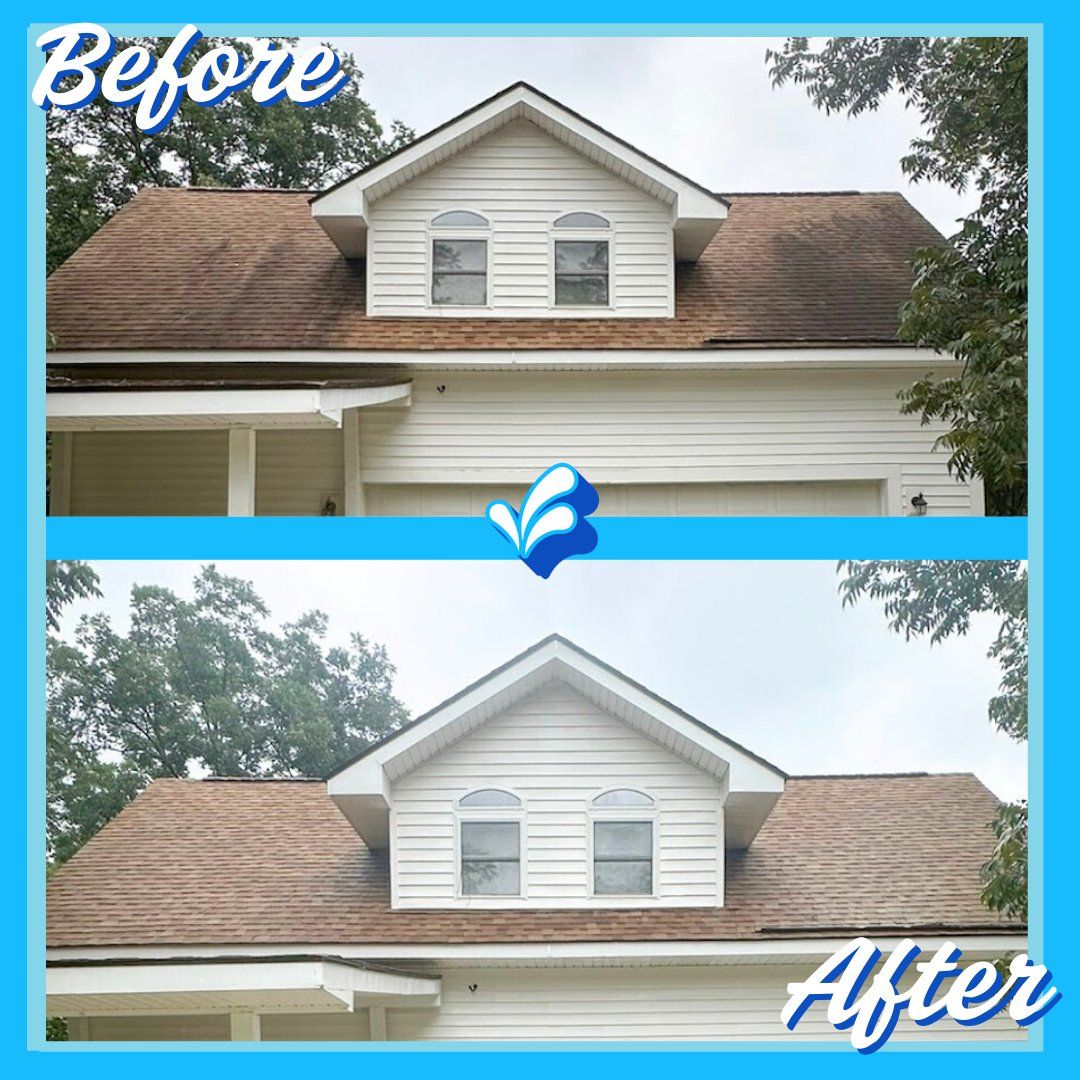 A before and after picture of a house 's roof