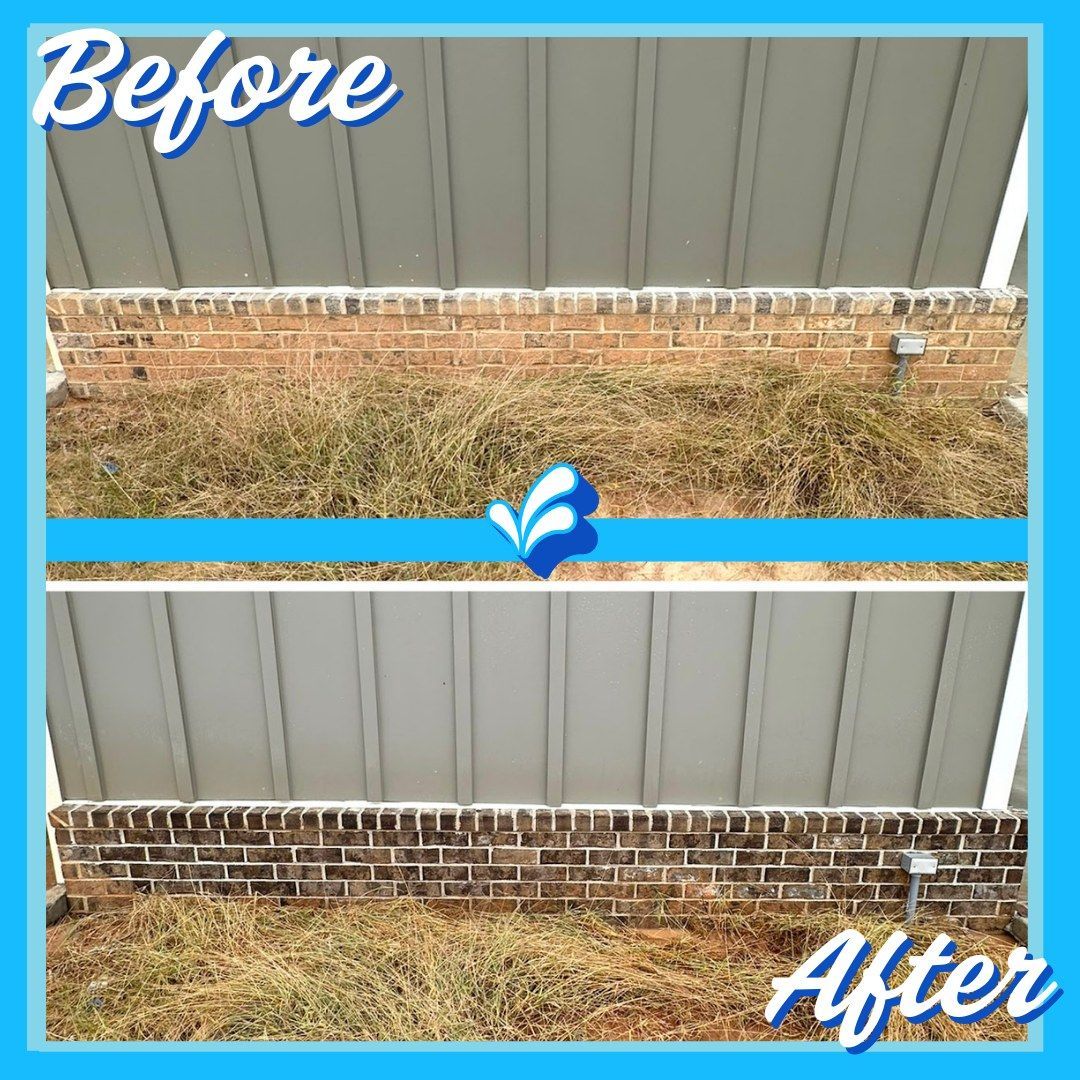 A before and after picture of a brick wall with a fence.
