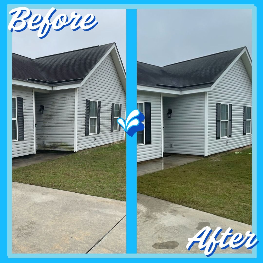 A before and after picture of a house with a black roof.