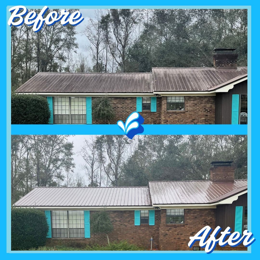 A before and after picture of a brick house with a metal roof