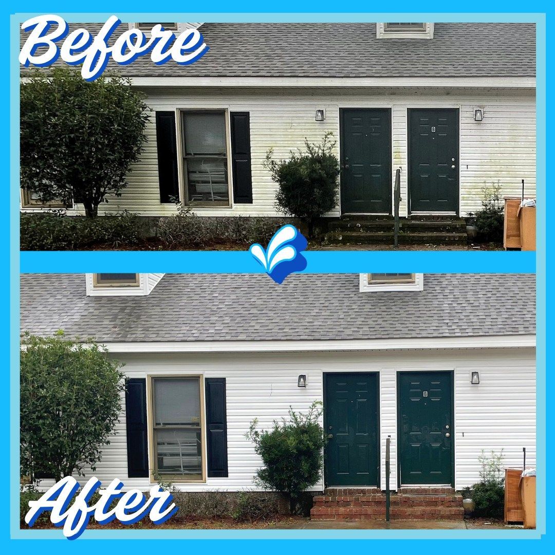A before and after picture of a white house with green doors.